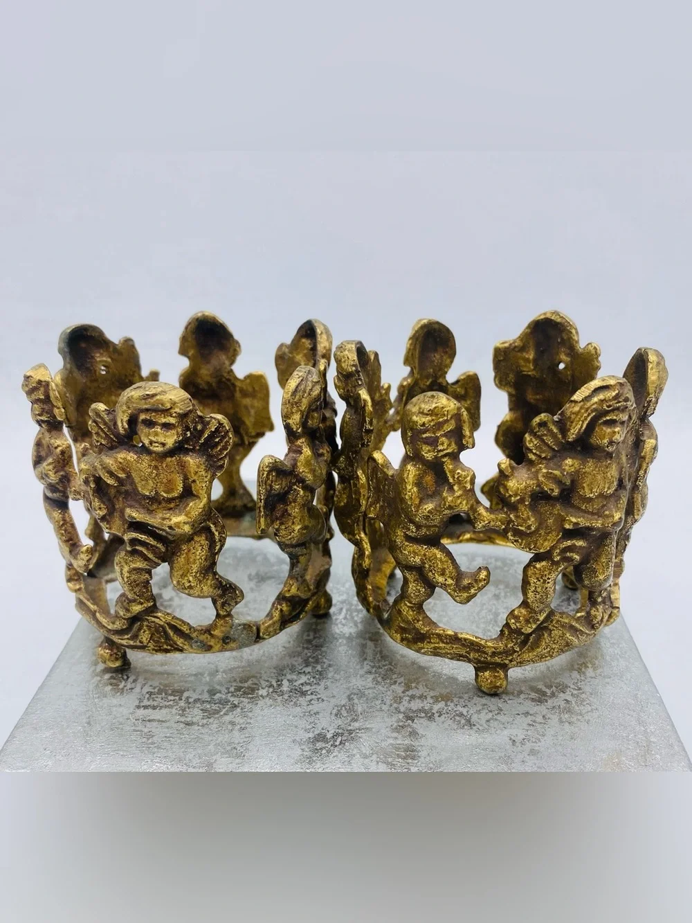 Two Vintage Footed Brass Votive/Tea Light Candle Holders Feature Dancing Cherubs